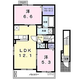 グレイス西寺 2階2LDKの間取り
