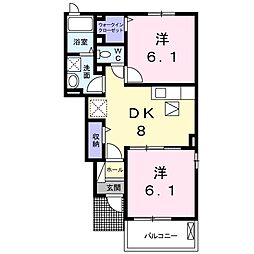 ドミールシャルマンIII 1階2DKの間取り