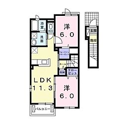 シュクルＢ 2階2LDKの間取り