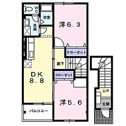 イースト　スクエア　Ａ 2階2DKの間取り