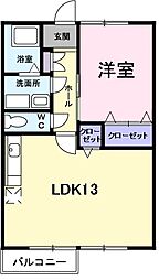 ハッピードェリング 1階1LDKの間取り