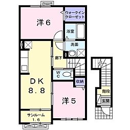 パ−クウィンド 2階2DKの間取り