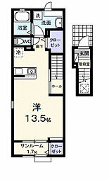 アドラブールＤ 2階ワンルームの間取り