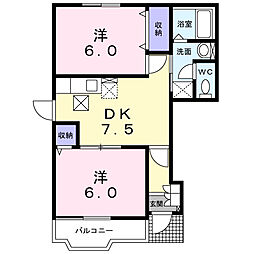 サンライトハウスB棟 2DKの間取図画像