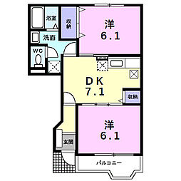 ソレアード笹山II 1階2DKの間取り