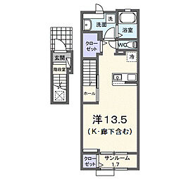 Ｋ’ｓスマルトＢ 2階ワンルームの間取り