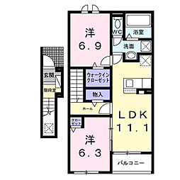 プリュニエ　キャトル 2階2LDKの間取り