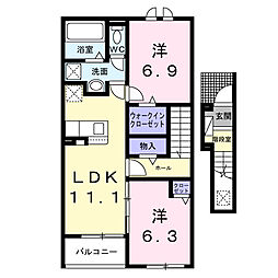 プリュニエ　キャトル 2階2LDKの間取り