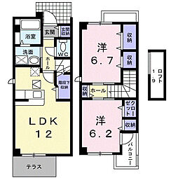 ソレアードパルケIII 1階2LDKの間取り