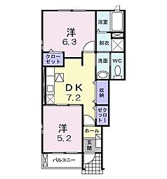 ユニゾン 1階2DKの間取り