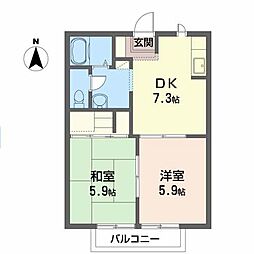 ソレアード・シェソワＣ 2階2DKの間取り