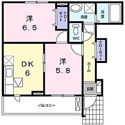 ナチュラルＭ　Ａ 1階2DKの間取り