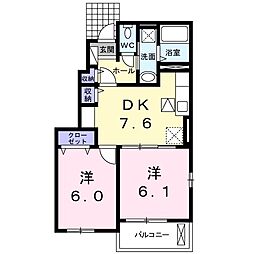 Ｐｌｅａｓａｎｔ・Ｍ　穂波　Ｄ 1階2DKの間取り