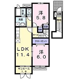 ｄｅｌｌａｇｏ・ｃａｓａＢ 2階2LDKの間取り