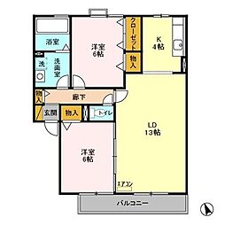 オリーブガーデン　Ａ・Ｂ・Ｃ 2階2LDKの間取り