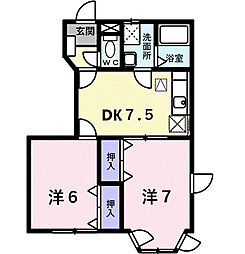 ベルエール 1階2DKの間取り