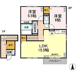 リビングタウン弘前　Ｃ 2階2LDKの間取り