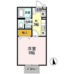 まなび野壱番館 2階1Kの間取り