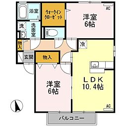 リジェール東山崎　D棟 2階2LDKの間取り