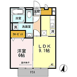 オーピュール城西 1階1LDKの間取り
