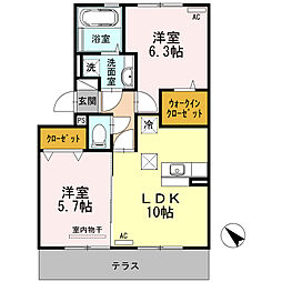 コンフォートIII 1階2LDKの間取り