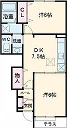 松山壱番館 1階2DKの間取り