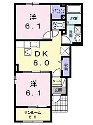 ラ　グリシーヌＢ 1階2DKの間取り