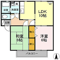 アムール　D棟 2階2LDKの間取り