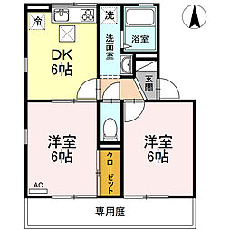 ハイカムールハピネス　B棟 1階2DKの間取り
