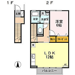 セジュール堂林　A棟 2階1LDKの間取り