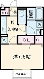 キャトルセゾン 1階1Kの間取り