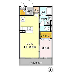 フェリスタ宮沢 2階1LDKの間取り