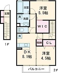 メルベーユ大和 2階2DKの間取り
