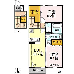 ガーデンベル　ウエスト 2階2LDKの間取り