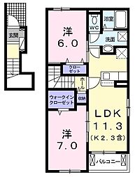 JR青梅線 羽村駅 徒歩11分の賃貸アパート 2階2LDKの間取り
