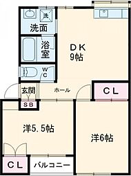 モアハピネス松山 2DKの間取図画像