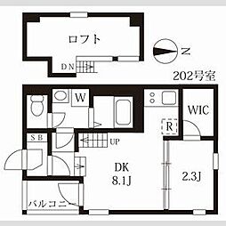ハーモニーテラス野田II 2階1DKの間取り