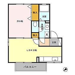 セジュールＳ　Ａ 2階1LDKの間取り
