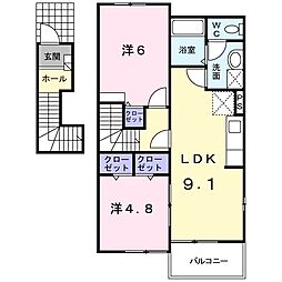 シャルマンI 2階2DKの間取り