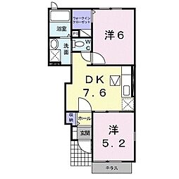ヴェルデシャトーＡ 1階2DKの間取り