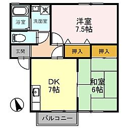 サンパティーク　Ｂ 2階2DKの間取り