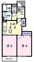 ベルベアーノＢ 1階2DKの間取り