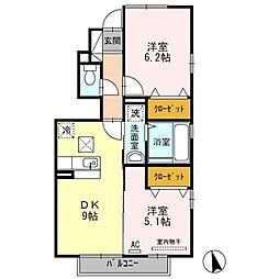 クレスト女の都 1階2DKの間取り