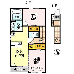 サウススクエア 2番館 2階2DKの間取り
