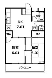 金上ハイツ 2階2DKの間取り