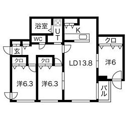 クラリス南9条 3LDKの間取図画像