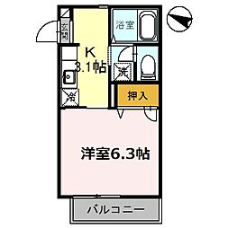 れんげハイツ 201 2階1Kの間取り