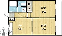 コスモハイツ亀川 2DKの間取図画像