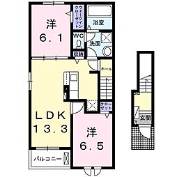 フレシール　くぬぎ　1 2階2LDKの間取り