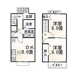 ラポールA・B棟 1階2DKの間取り